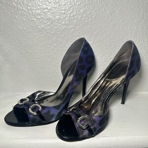 Purple and Black Leopard Print Heels with silver detailing